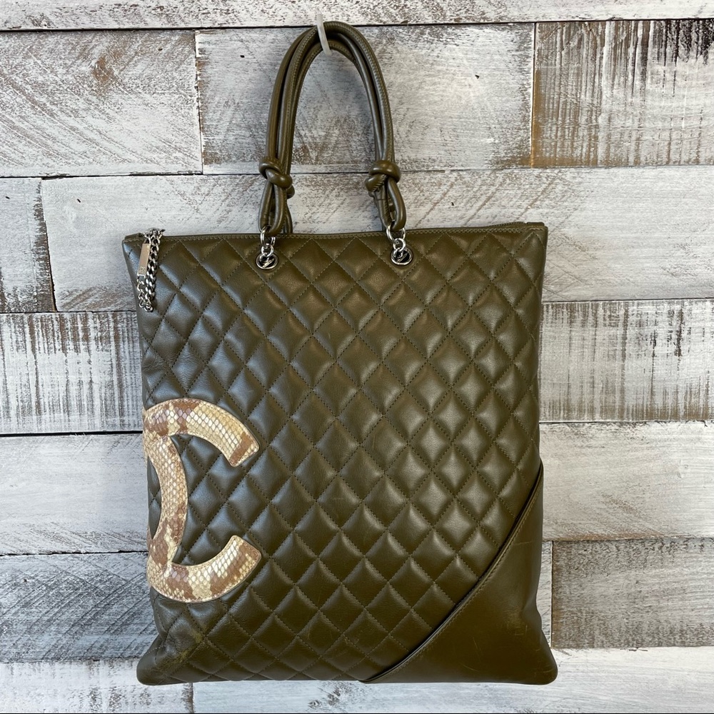 Chanel Cambon Tote bag in Olive Green Lamb Leather and snake skin CC logo